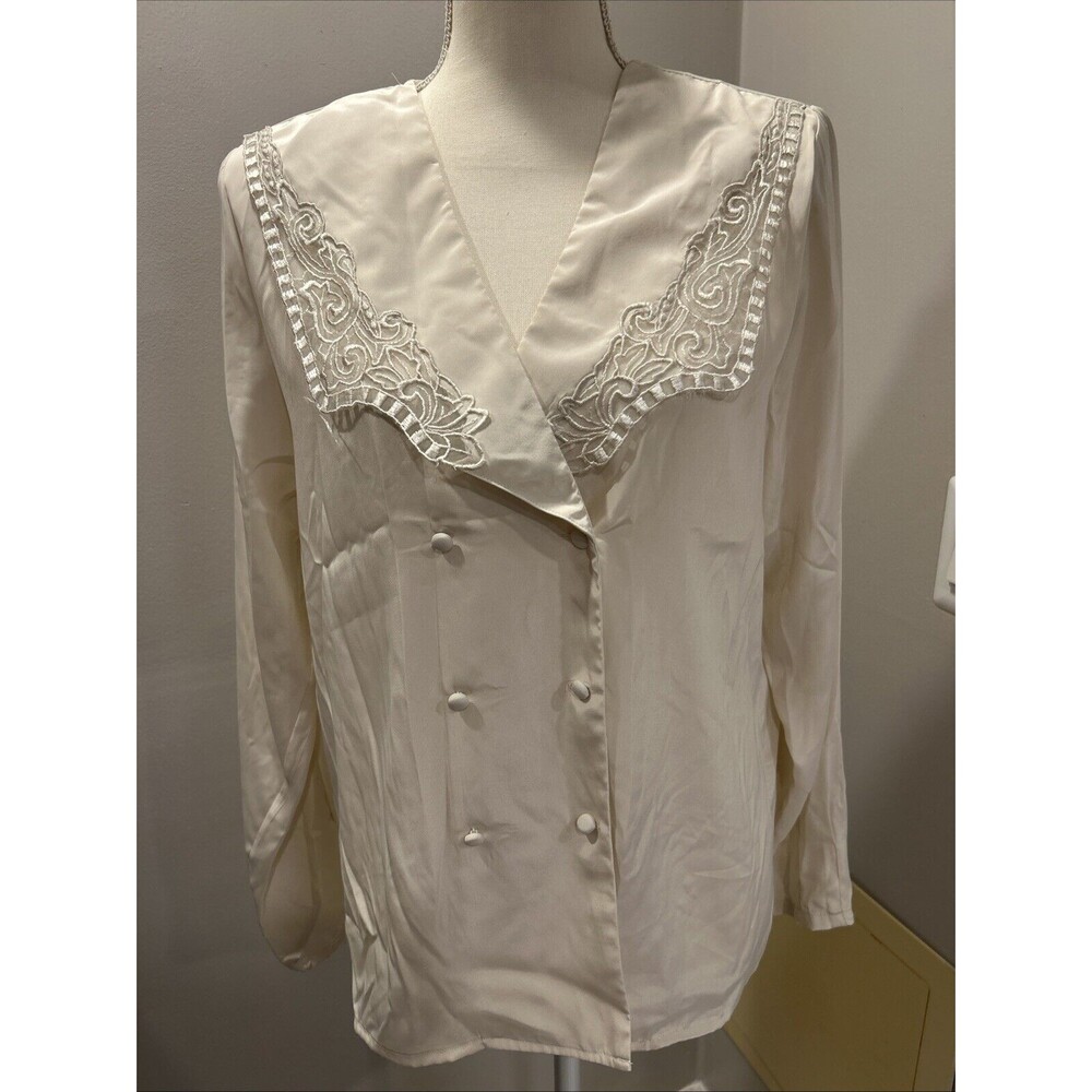 Vintage 90s Y2k Envious Size 10 Ivory Blouse Long Sleeve Lace Trim Button